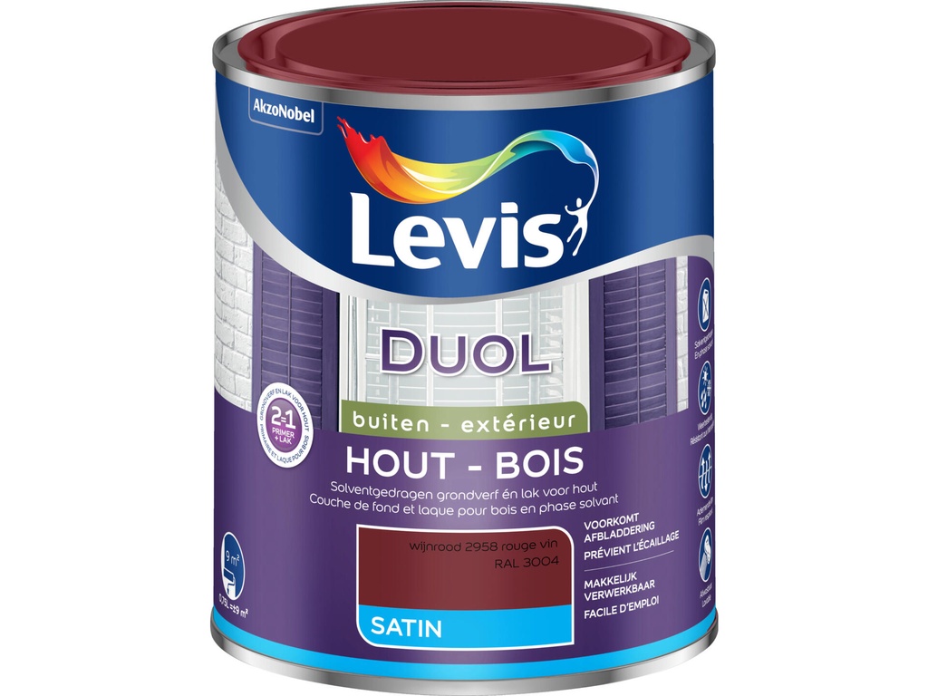 Levis Duol Lak & Primer 2 in 1 Zijdeglans Wijnrood 750 ml